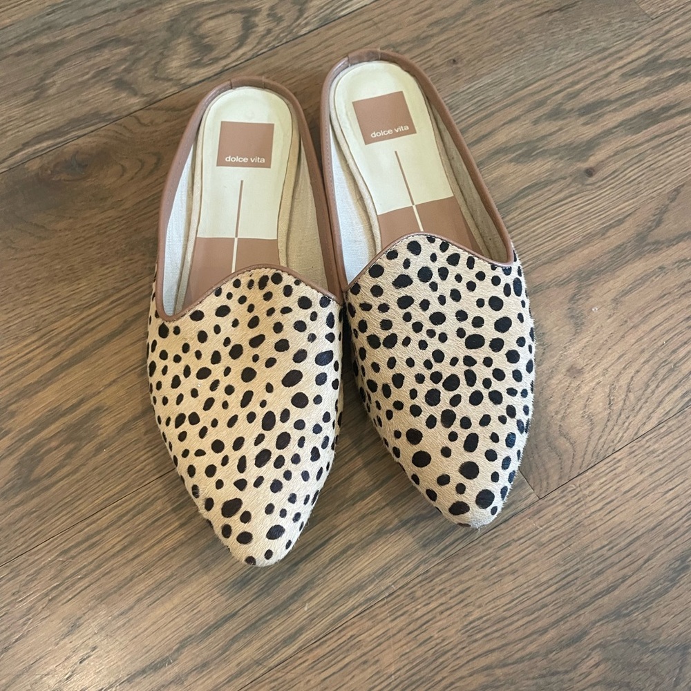 Dolce Vita Spotted Tan and Black Mules